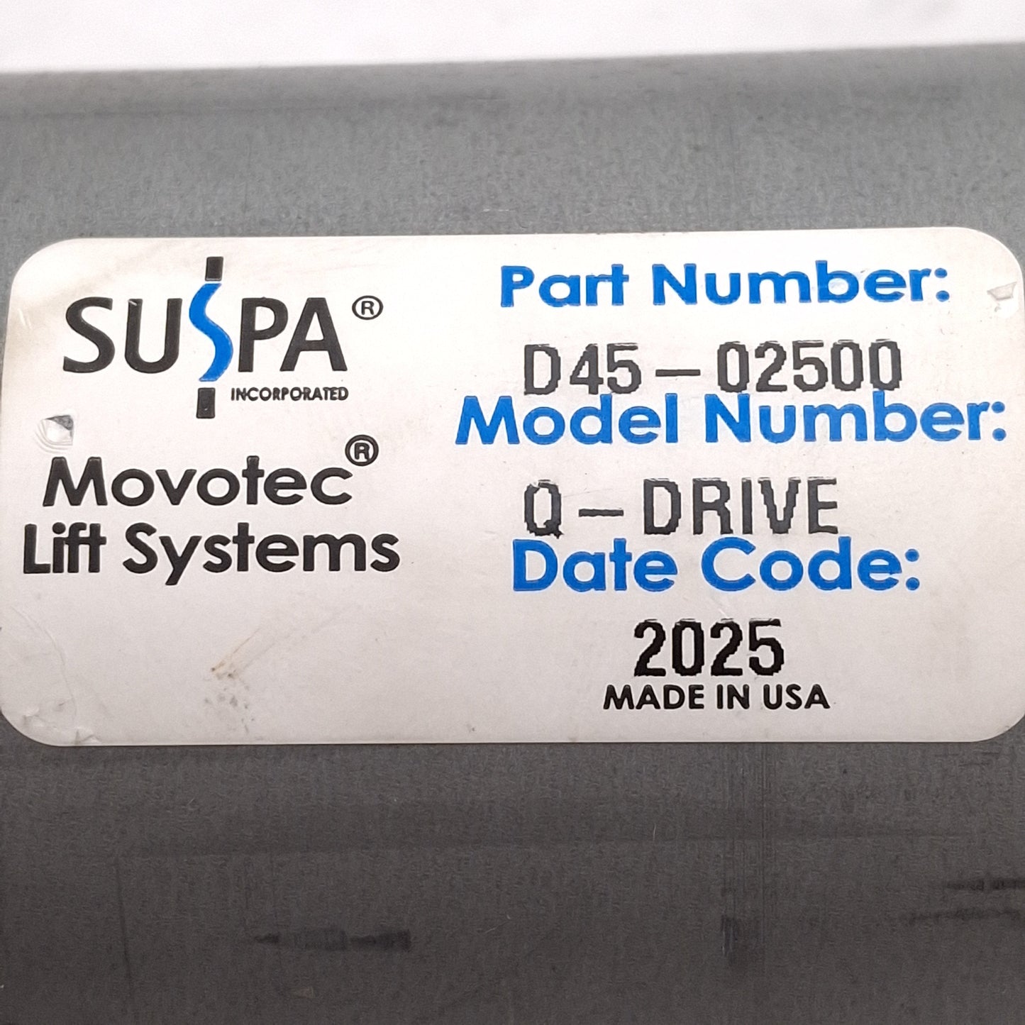 Used Suspa Movotec D45-02500 Lift System Q-Drive Motor, 24VDC 11A 92W, 110RPM
