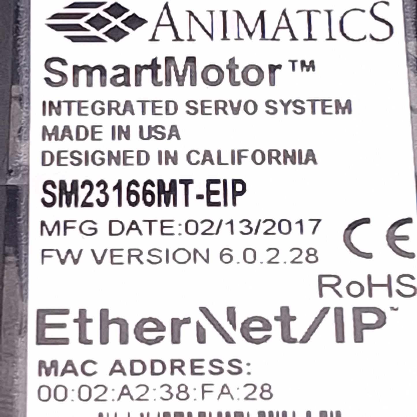 Used Moog Animatics SM23166MT-EIP Servo Motor, 0.48Nm, 189W, 4700RPM, NEMA 23