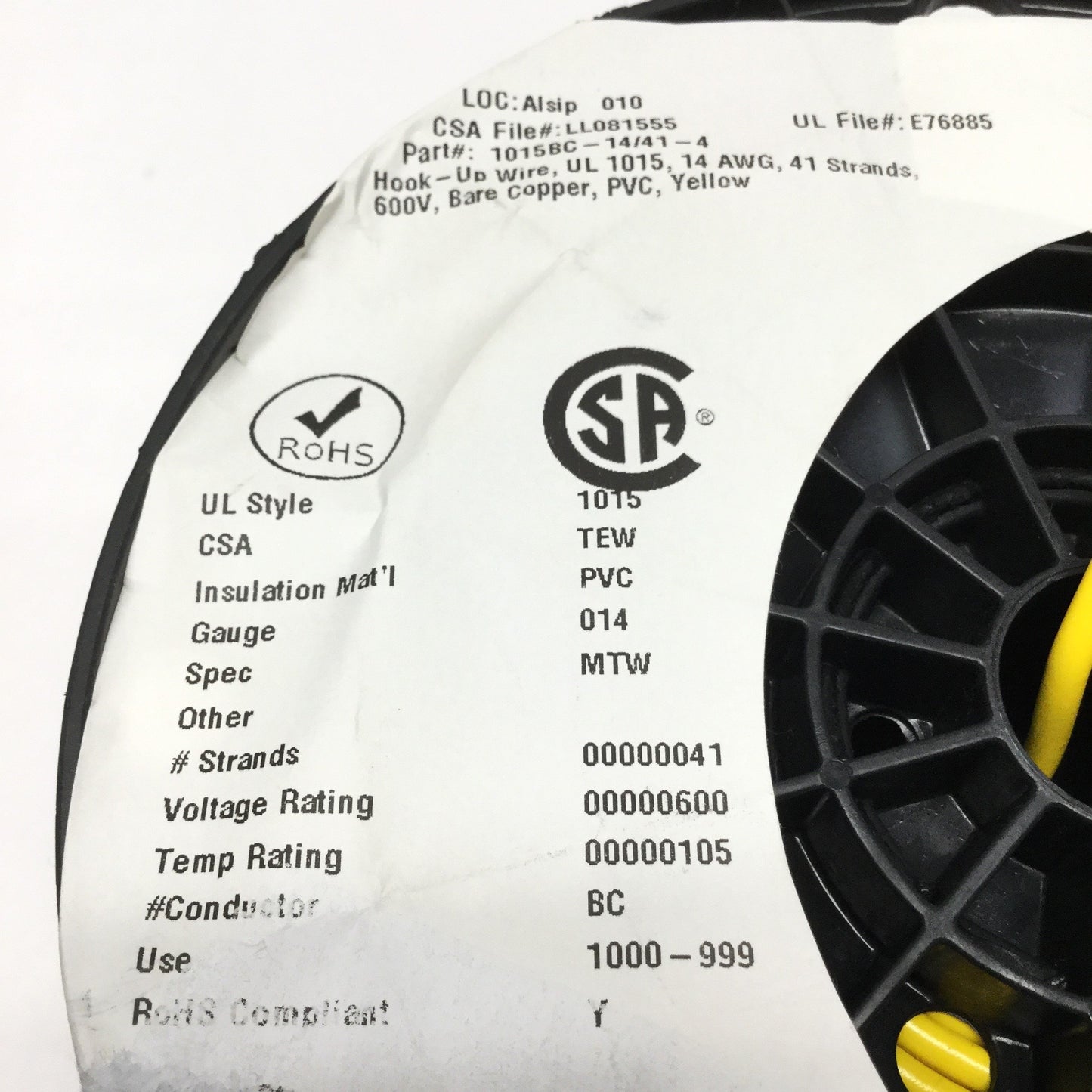 New 1015BC-14/41-4 Hook-Up Lead Wire, Bare Copper, Yellow, 14AWG, 600V, 250ft