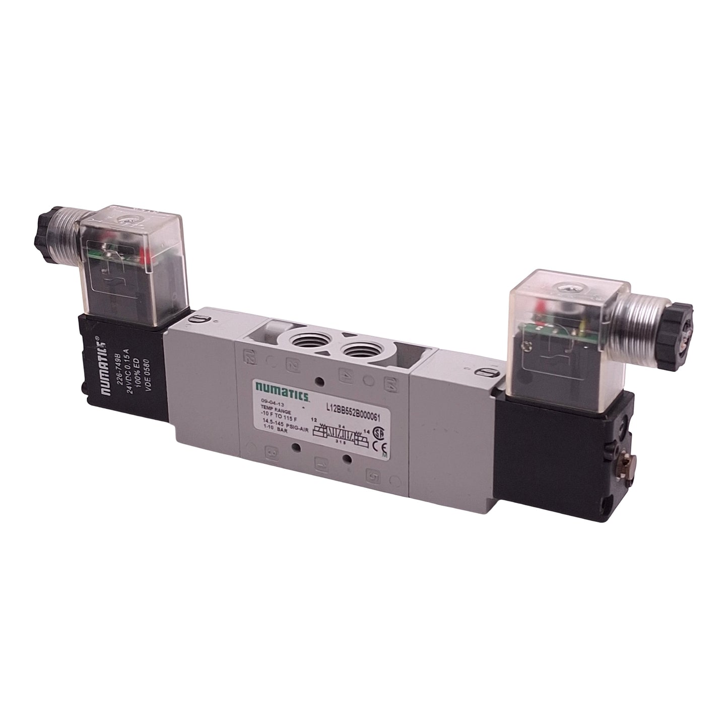 Used Numatics L12BB552B000061 Solenoid Valve, 5/2-Way, 1/4in NPT, 1-10bar, 24VDC Coil