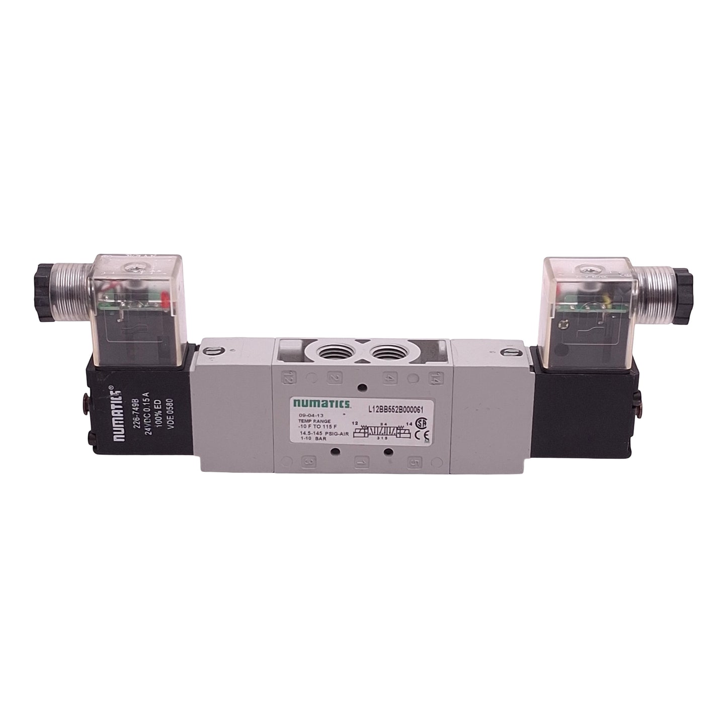 Used Numatics L12BB552B000061 Solenoid Valve, 5/2-Way, 1/4in NPT, 1-10bar, 24VDC Coil
