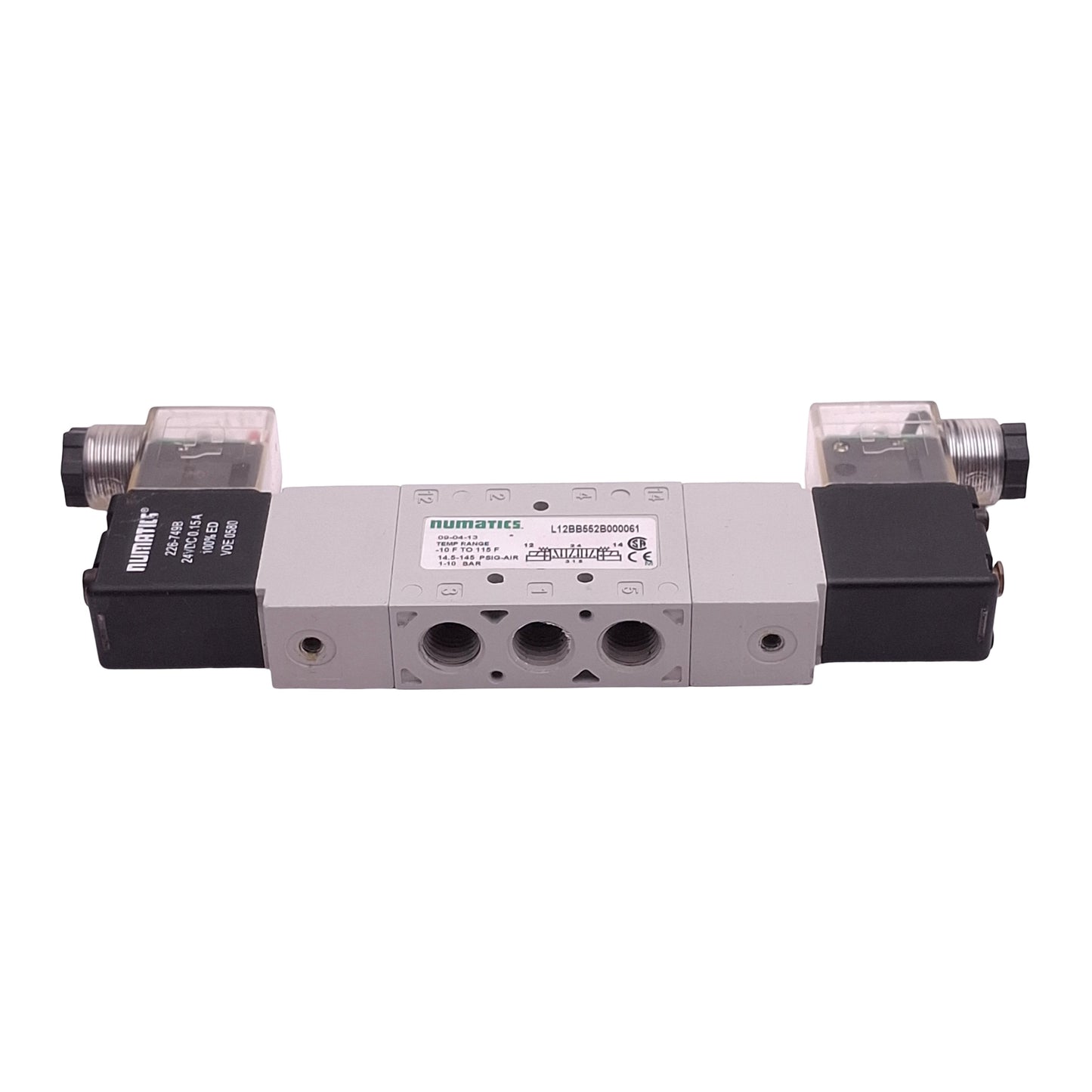 Used Numatics L12BB552B000061 Solenoid Valve, 5/2-Way, 1/4in NPT, 1-10bar, 24VDC Coil