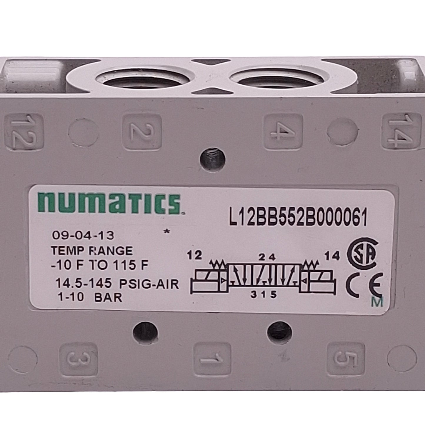 Used Numatics L12BB552B000061 Solenoid Valve, 5/2-Way, 1/4in NPT, 1-10bar, 24VDC Coil