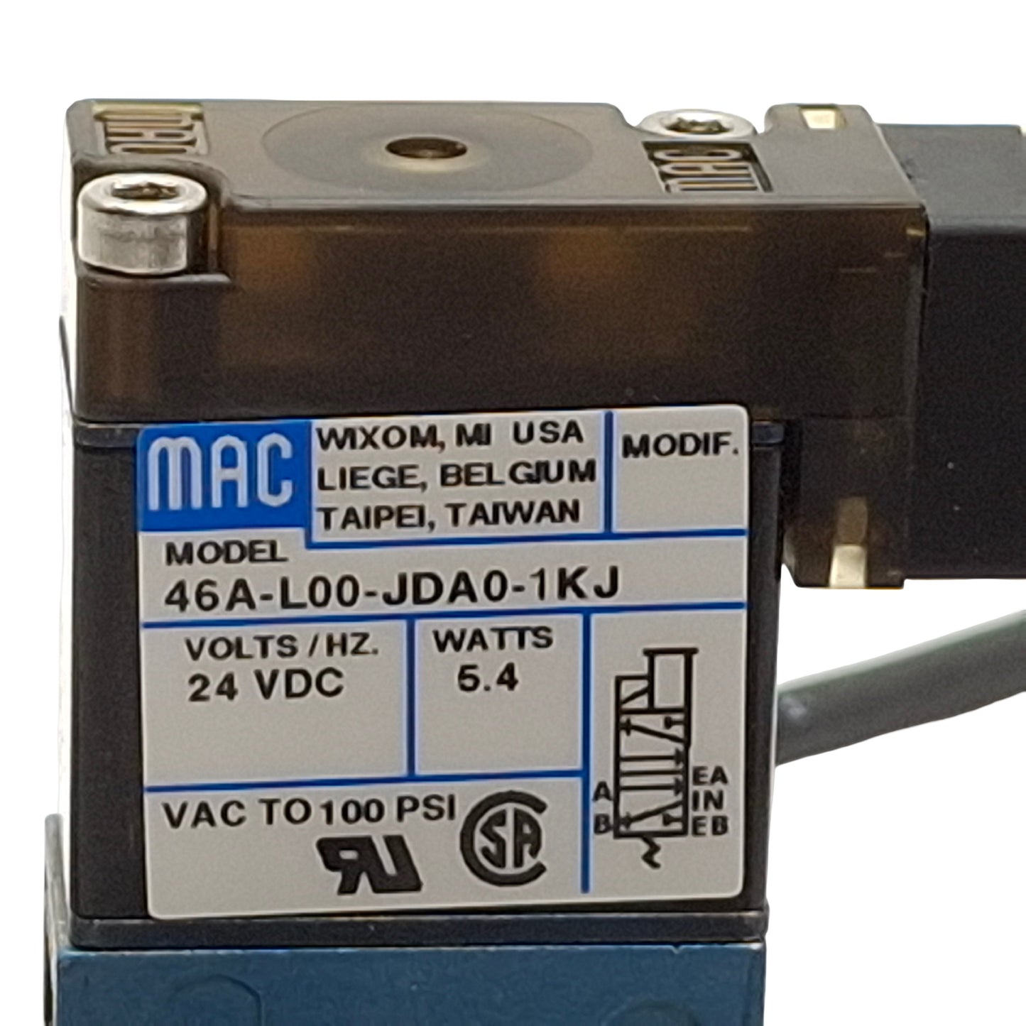 Used Mac 46A-L00-JDA0-1KJ Solenoid Valve, 4/2-Way, Vacuum to 100 psi, 24VDC Coil