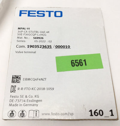 New – Open box Festo CPX-FB36 EtherNet/IP Field Bus Node on MPAL-VI Manifold w/4x Valves
