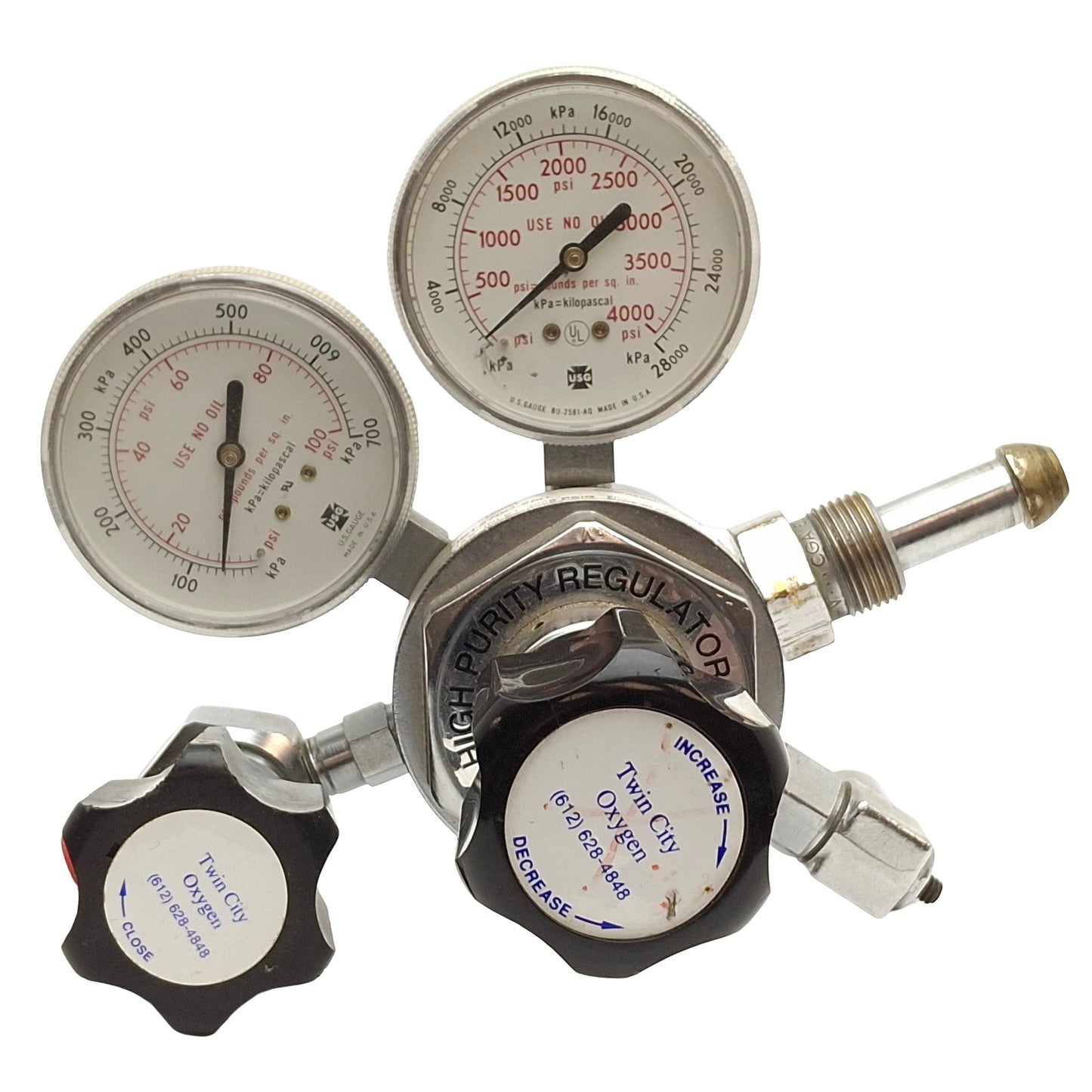 Used Twin City Oxygen HPT270C-250 Hight Purity Compressed Gas Regulator, 1/4" NPT