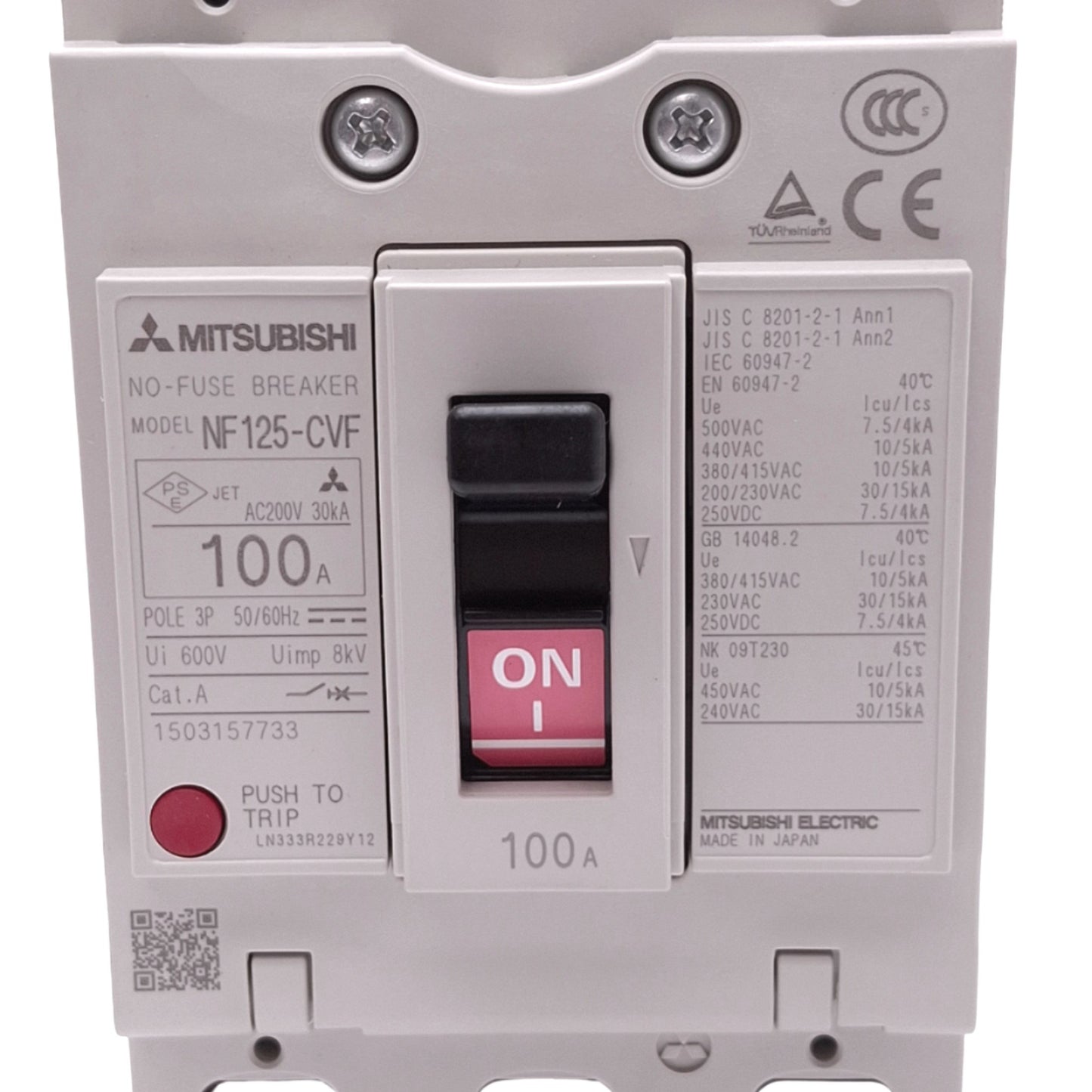 New Mitsubishi NF125-CVF 3P 100A No-Fuse Circuit Breaker, 3-Pole, 100A, 600VAC Max