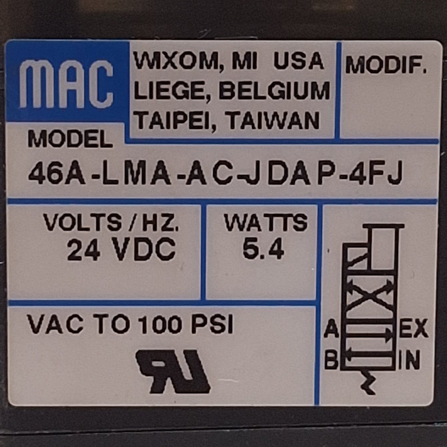 Used Mac 46A-LMA-AC-JDAP-4FJ Solenoid Valve, 4/2 Way, Vacuum~100PSI, 24VDC Coil