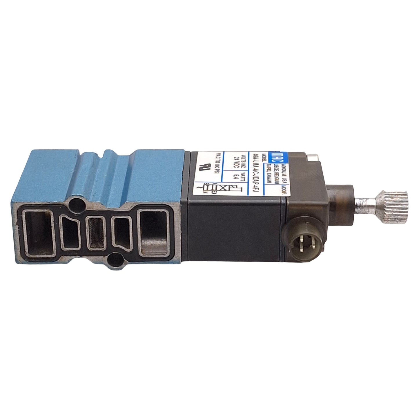 Used Mac 46A-LMA-AC-JDAP-4FJ Solenoid Valve, 4/2 Way, Vacuum~100PSI, 24VDC Coil