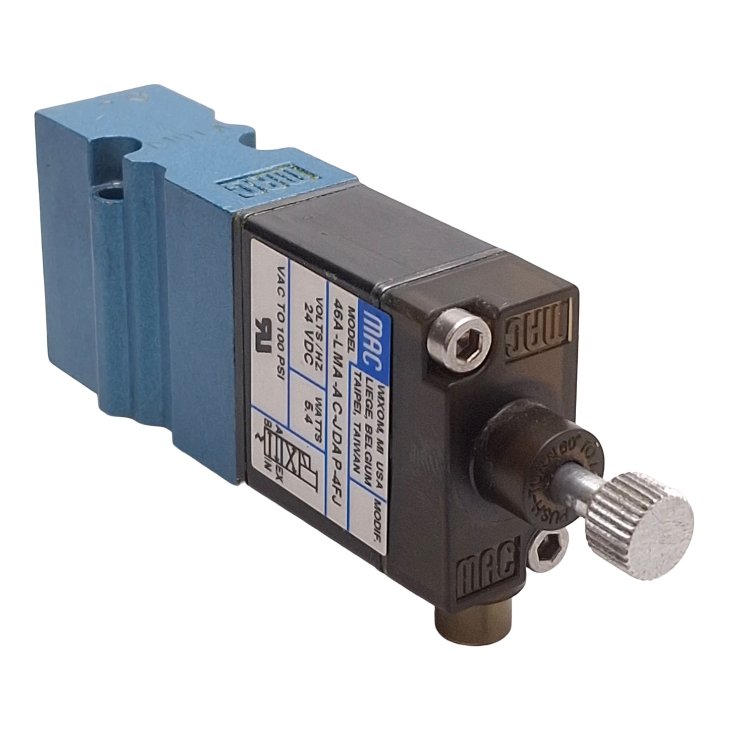 Used Mac 46A-LMA-AC-JDAP-4FJ Solenoid Valve, 4/2 Way, Vacuum~100PSI, 24VDC Coil