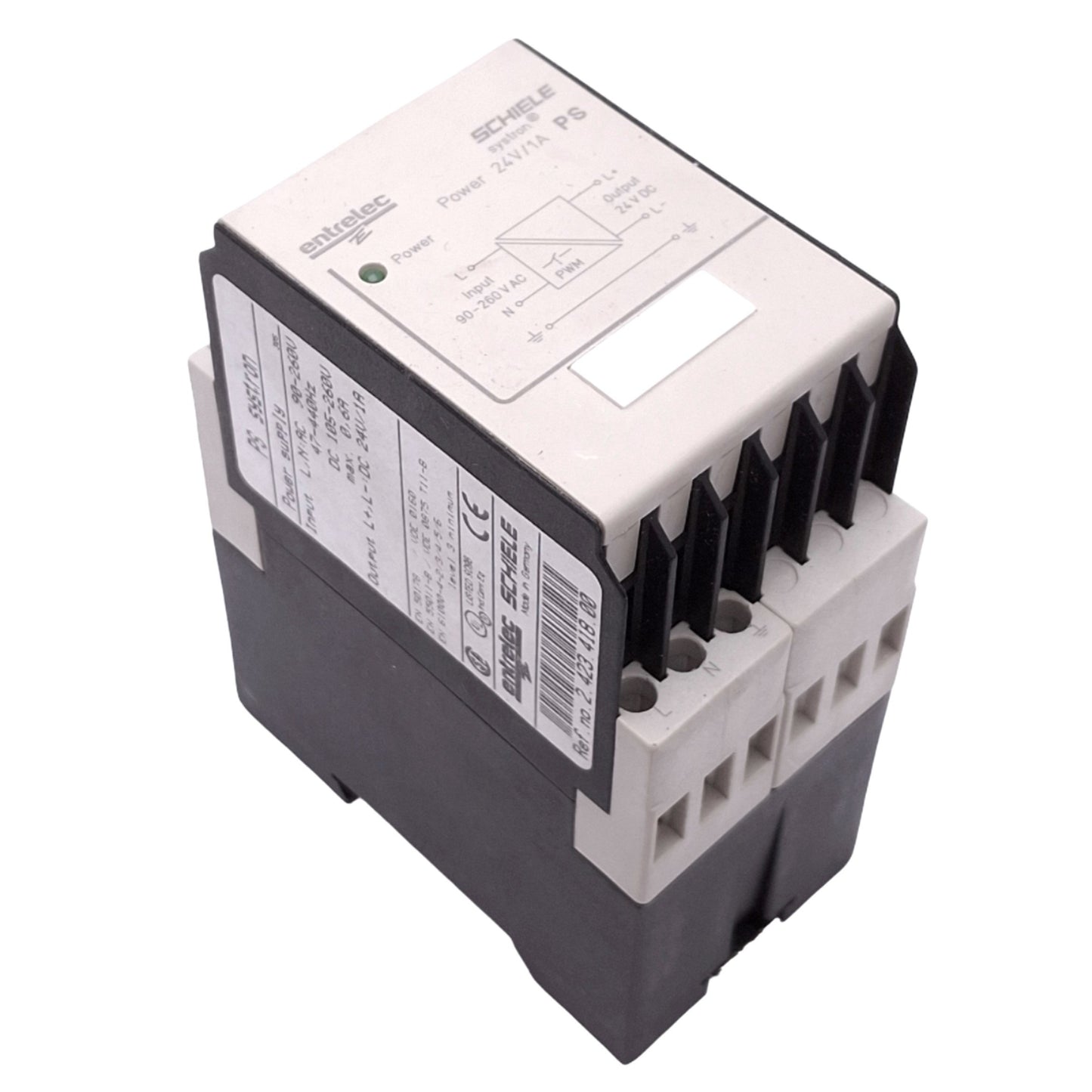 Used Entrelec 2.423.418.00 Power Supply, 90-260VAC In, 24VDC 1A Out, DIN Rail