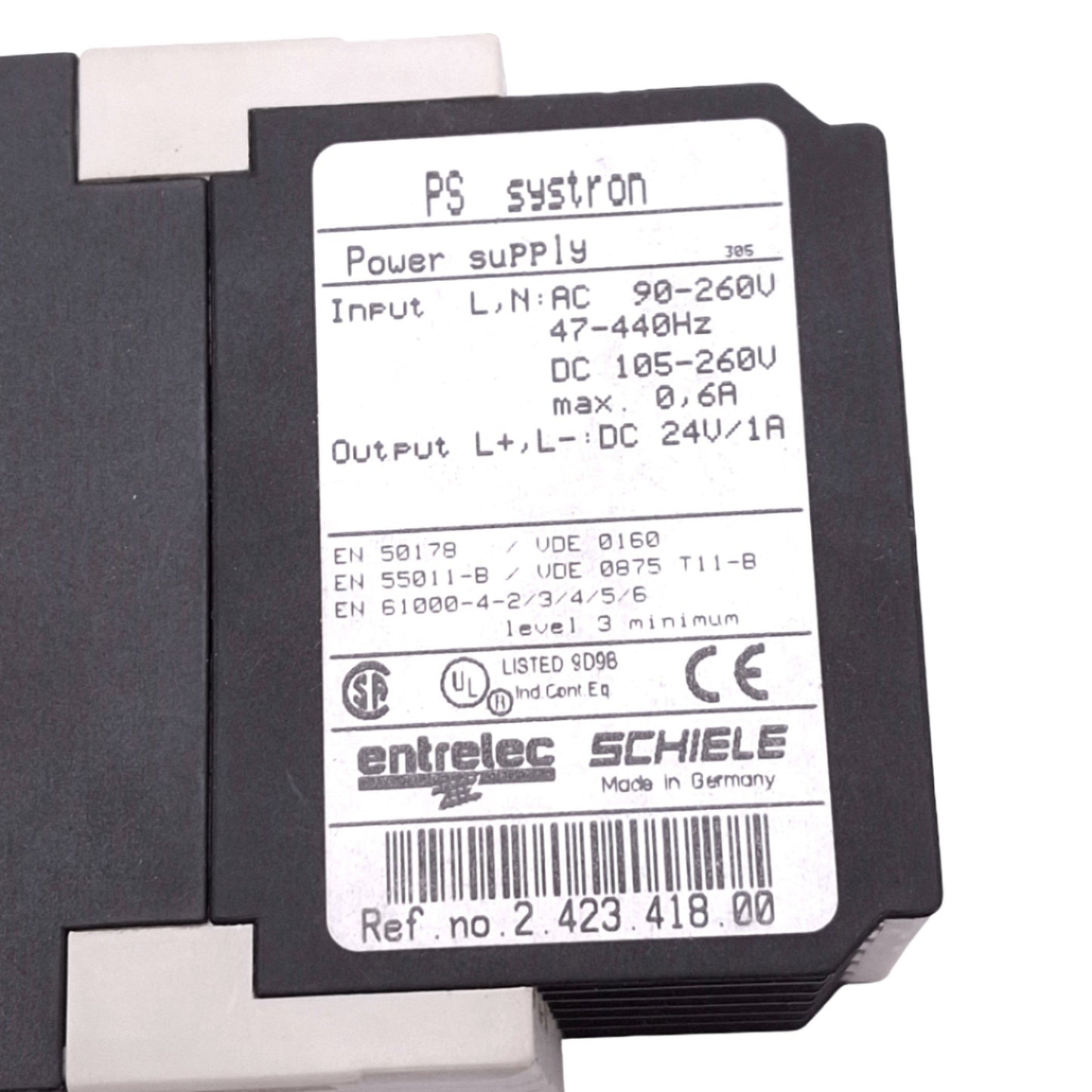 Used Entrelec 2.423.418.00 Power Supply, 90-260VAC In, 24VDC 1A Out, DIN Rail