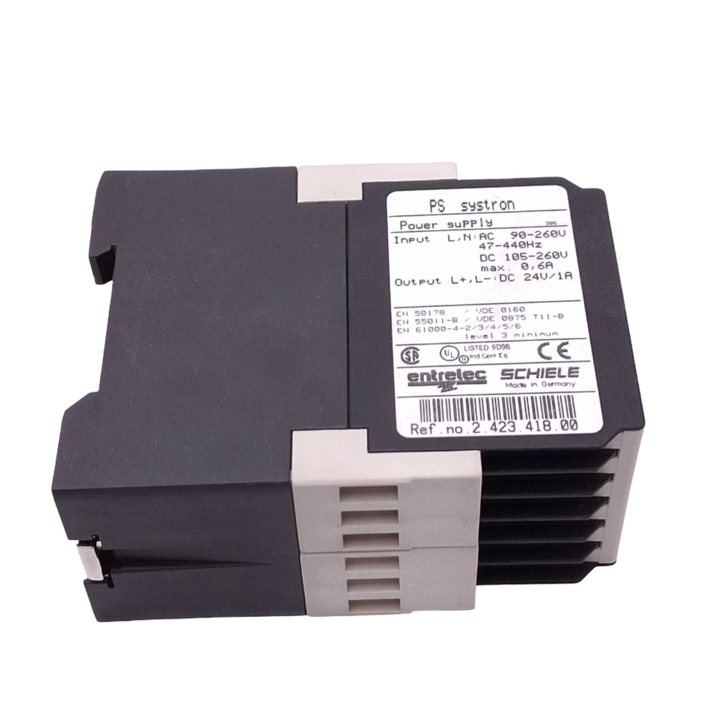 Used Entrelec 2.423.418.00 Power Supply, 90-260VAC In, 24VDC 1A Out, DIN Rail