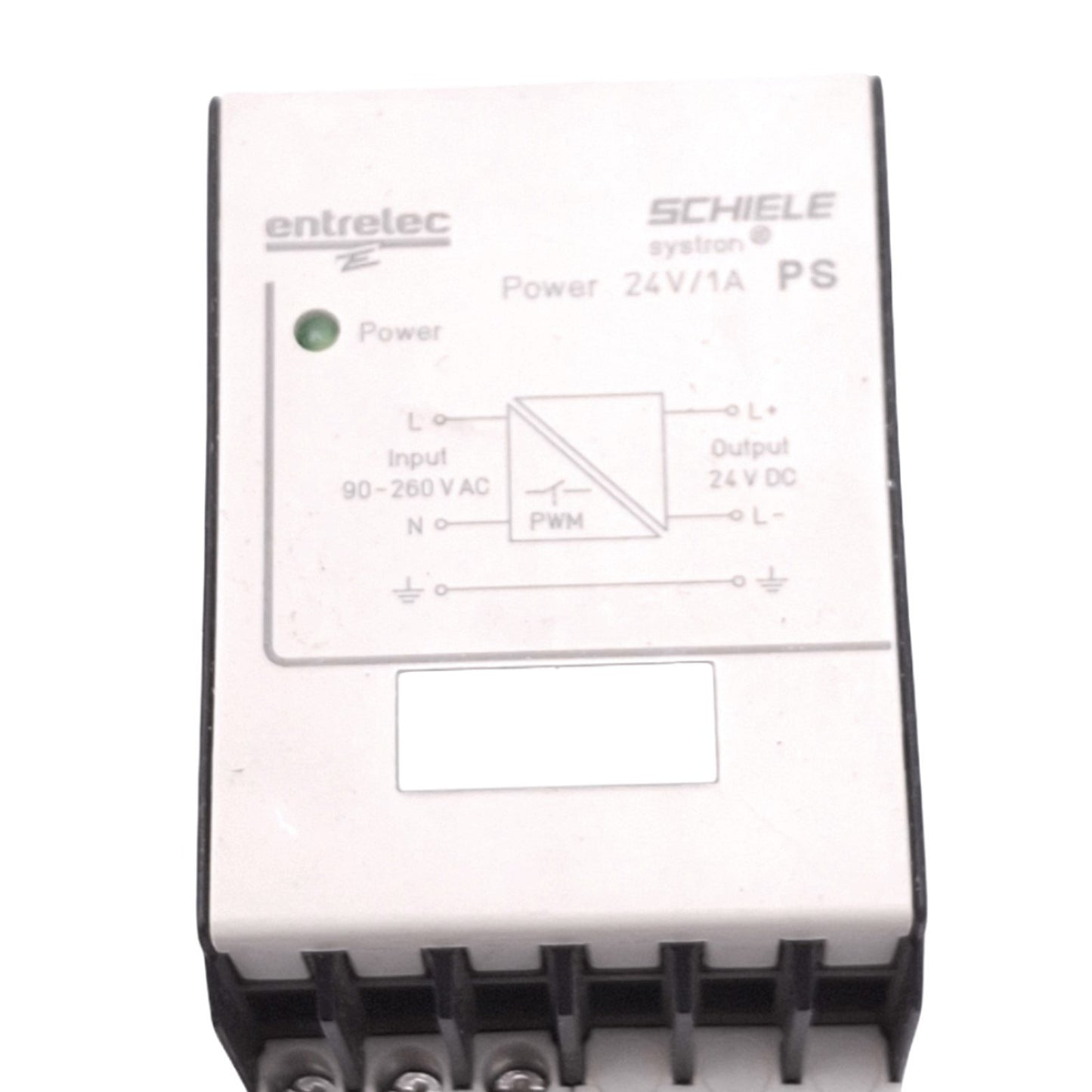 Used Entrelec 2.423.418.00 Power Supply, 90-260VAC In, 24VDC 1A Out, DIN Rail