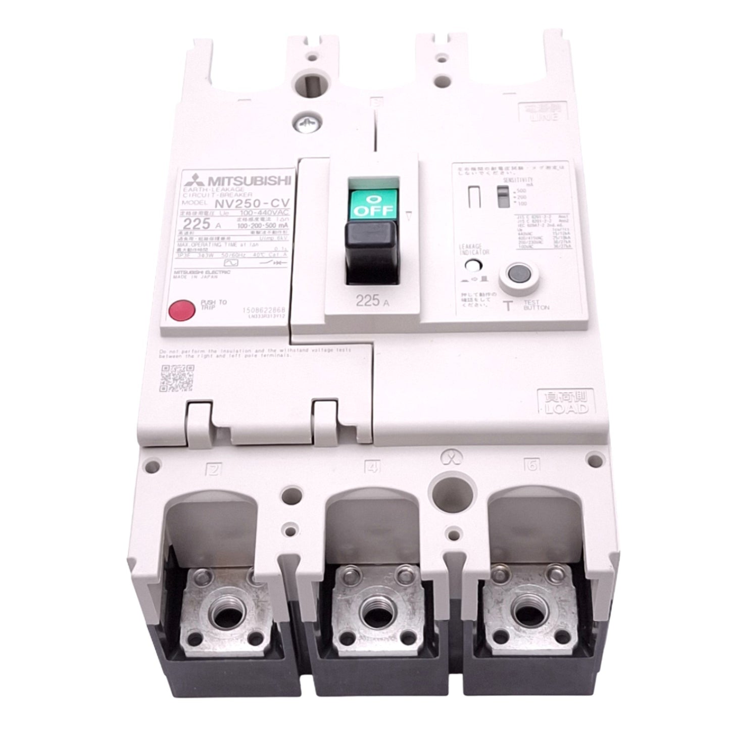 New Mitsubishi NV250-CV 3P 225A Earth-Leakage Circuit Breaker, 3-Pole, 225A, 440VAC