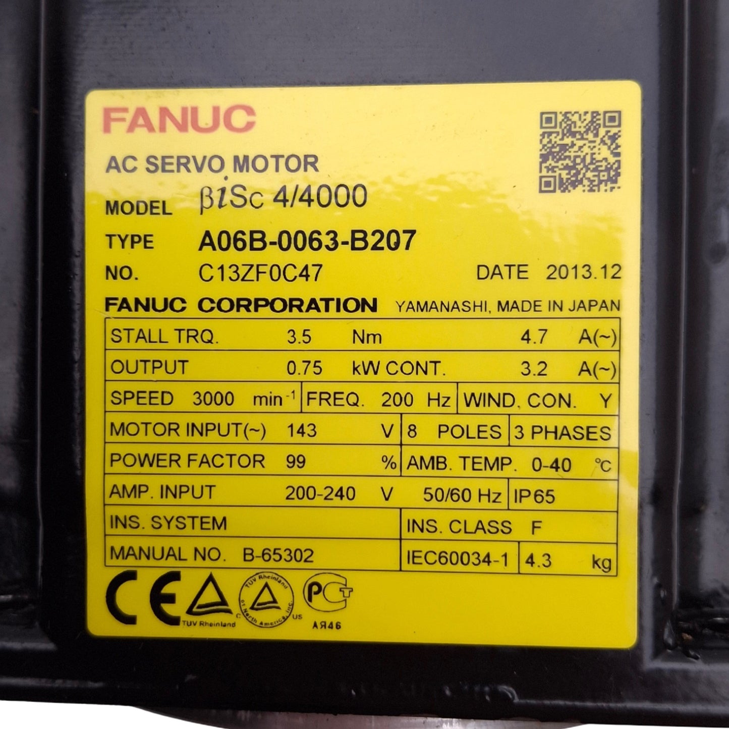Used Fanuc A06B-0063-B207 ßiSc 4/400 AC Servo Motor, 0.75kW, 3000rpm, 200-240VAC