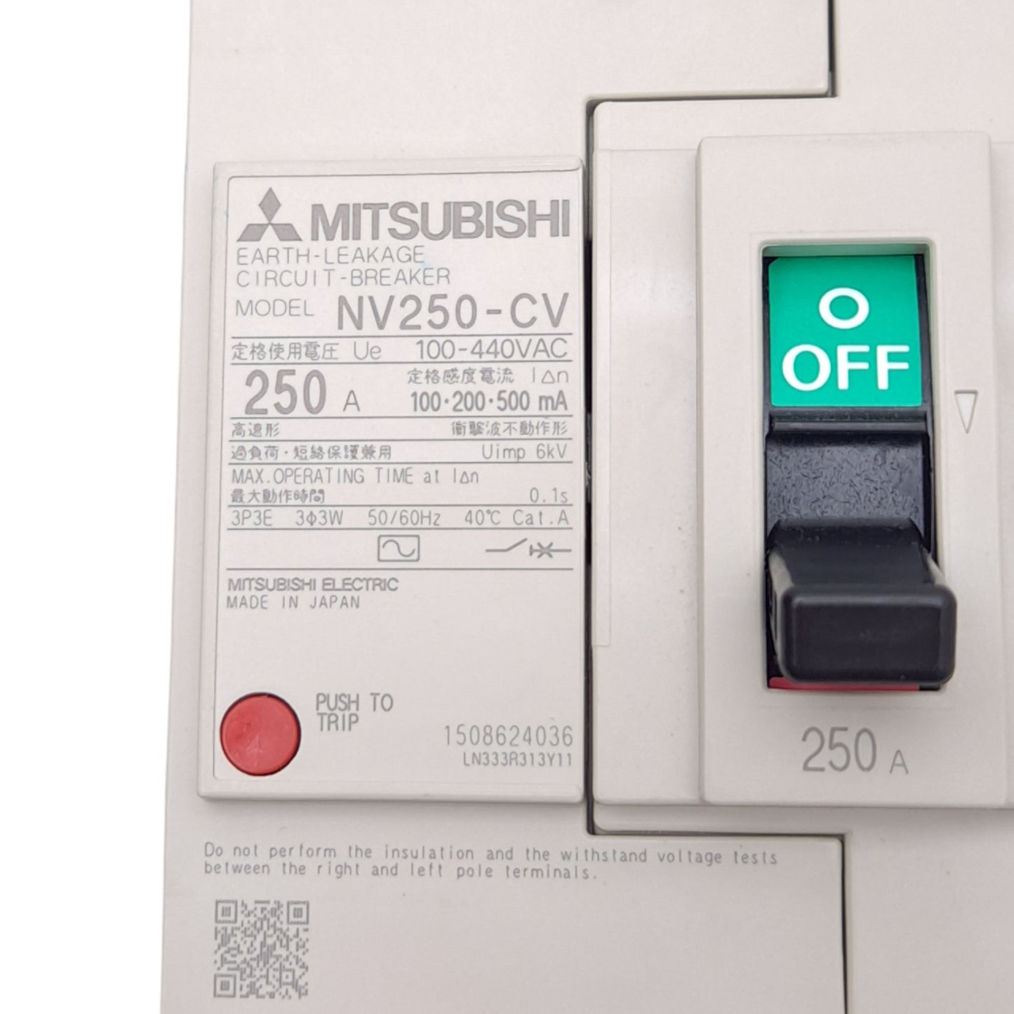 New Mitsubishi NV250-CV 3P 250A Earth Leakage Circuit Breaker, 3-Pole, 250A, 440VAC