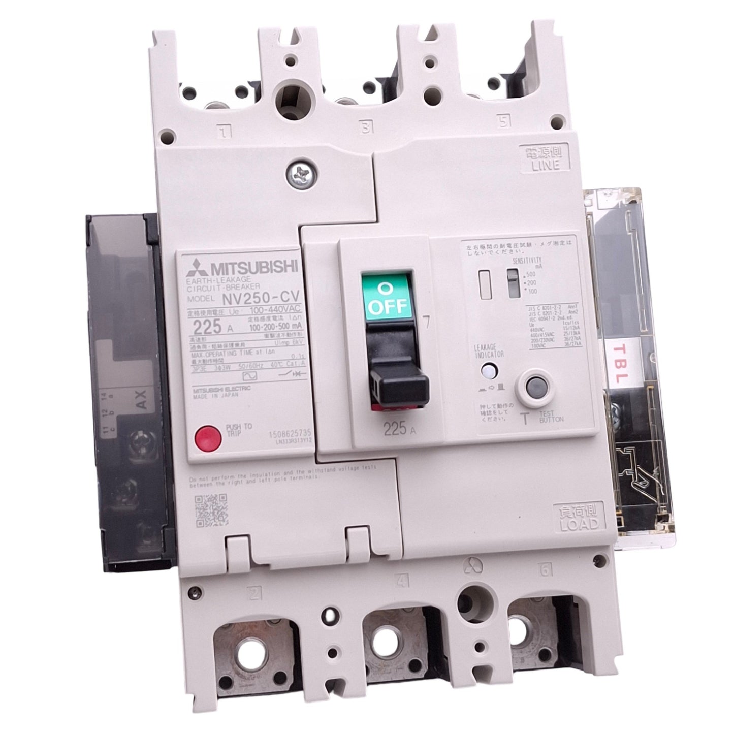 New Mitsubishi NV250-CV 3P 225A Circuit Breaker w/ Aux Switch, 3-Pole, 225A, 440VAC