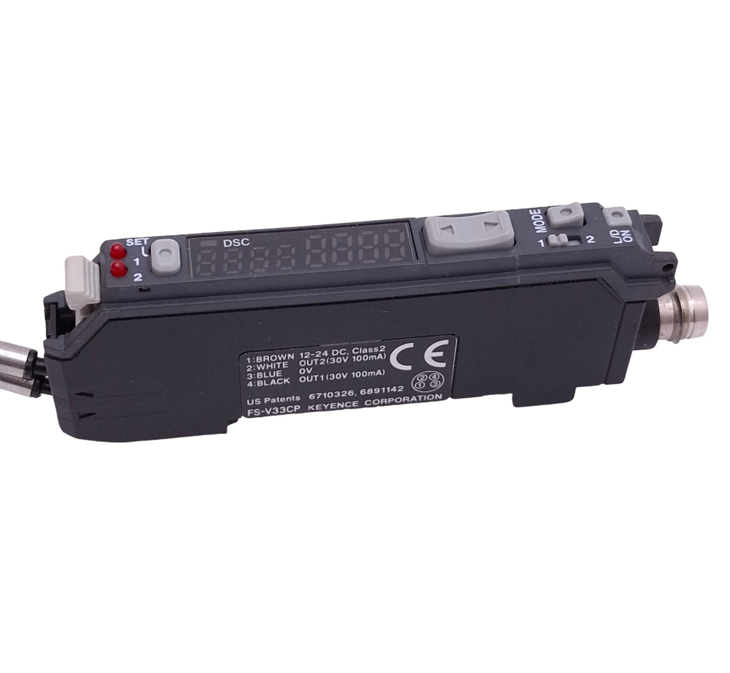 Used Keyence FS-V33CP Fiber Optic Sensor Amplifier, PNP 2-Output, M8, 12-24VDC
