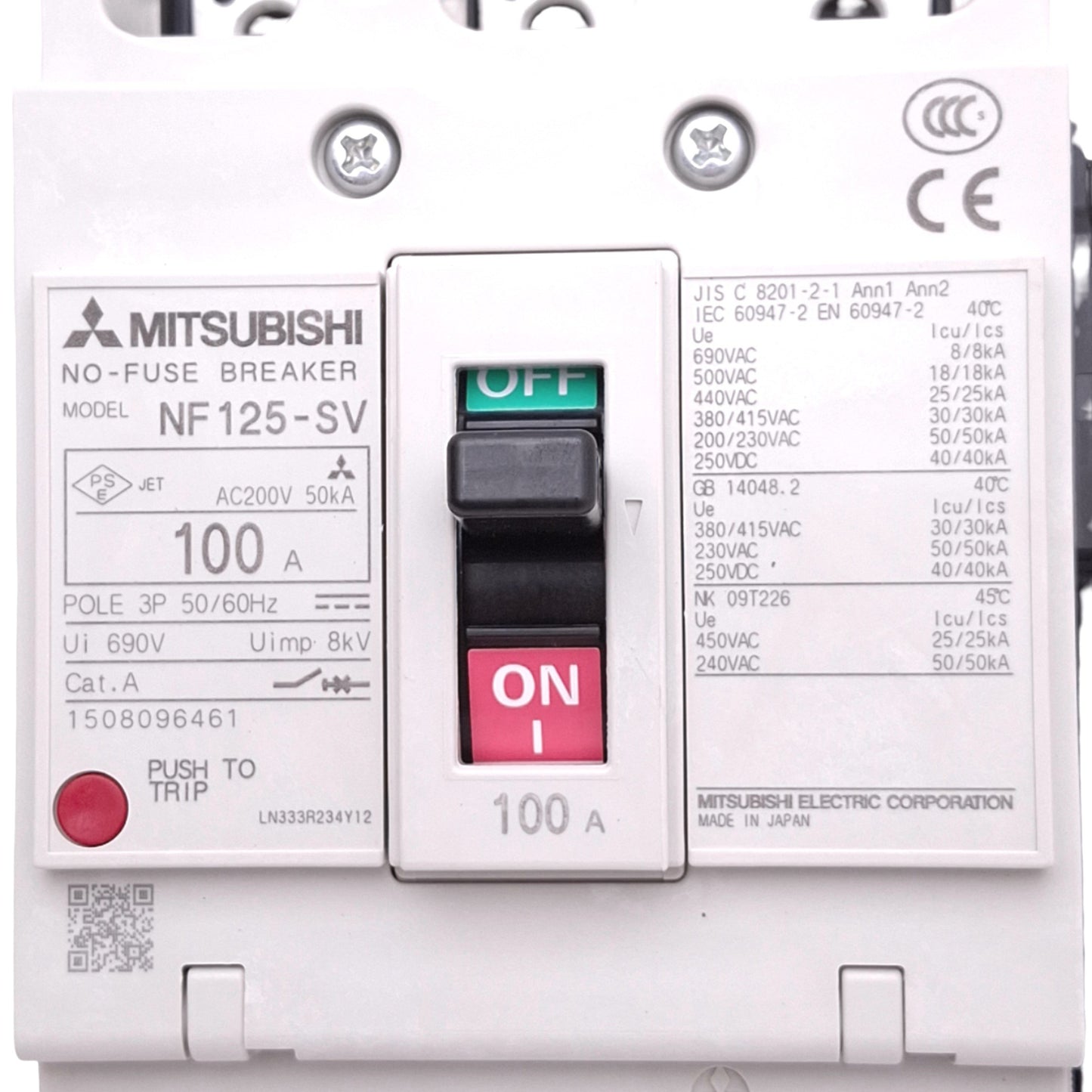 New Mitsubishi NF125-SV 3P 100A Circuit Breaker w/ UVT Module, 3-Pole, 100A, 690VAC