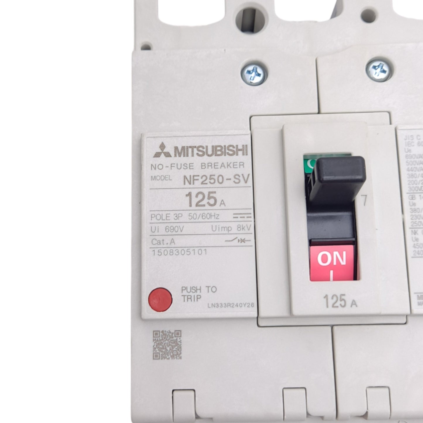 New Mitsubishi NF250-SV 3P 125A Circuit Breaker w/ UVT Module, 3-Pole, 125A, 690VAC