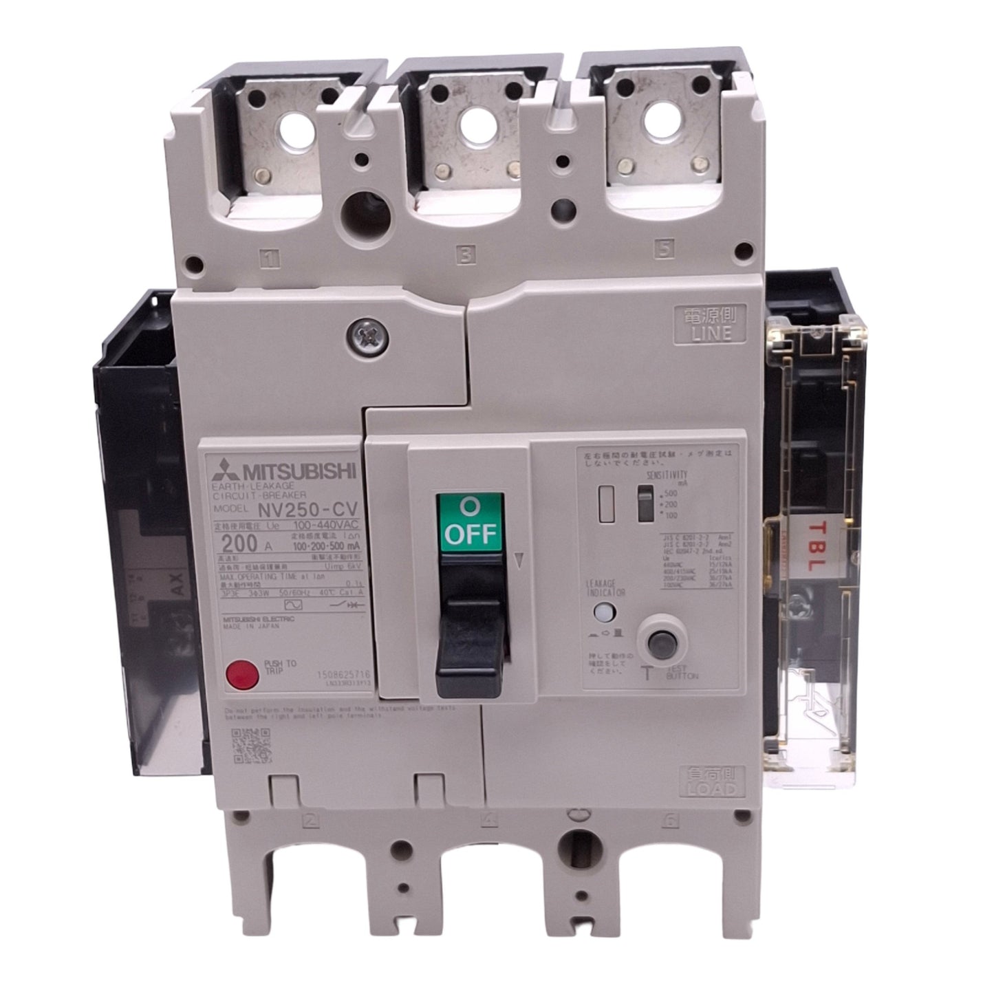 New Mitsubishi NV250-CV 3P 200A Circuit Breaker w/ Aux Switch, 3-Pole, 200A, 440VAC