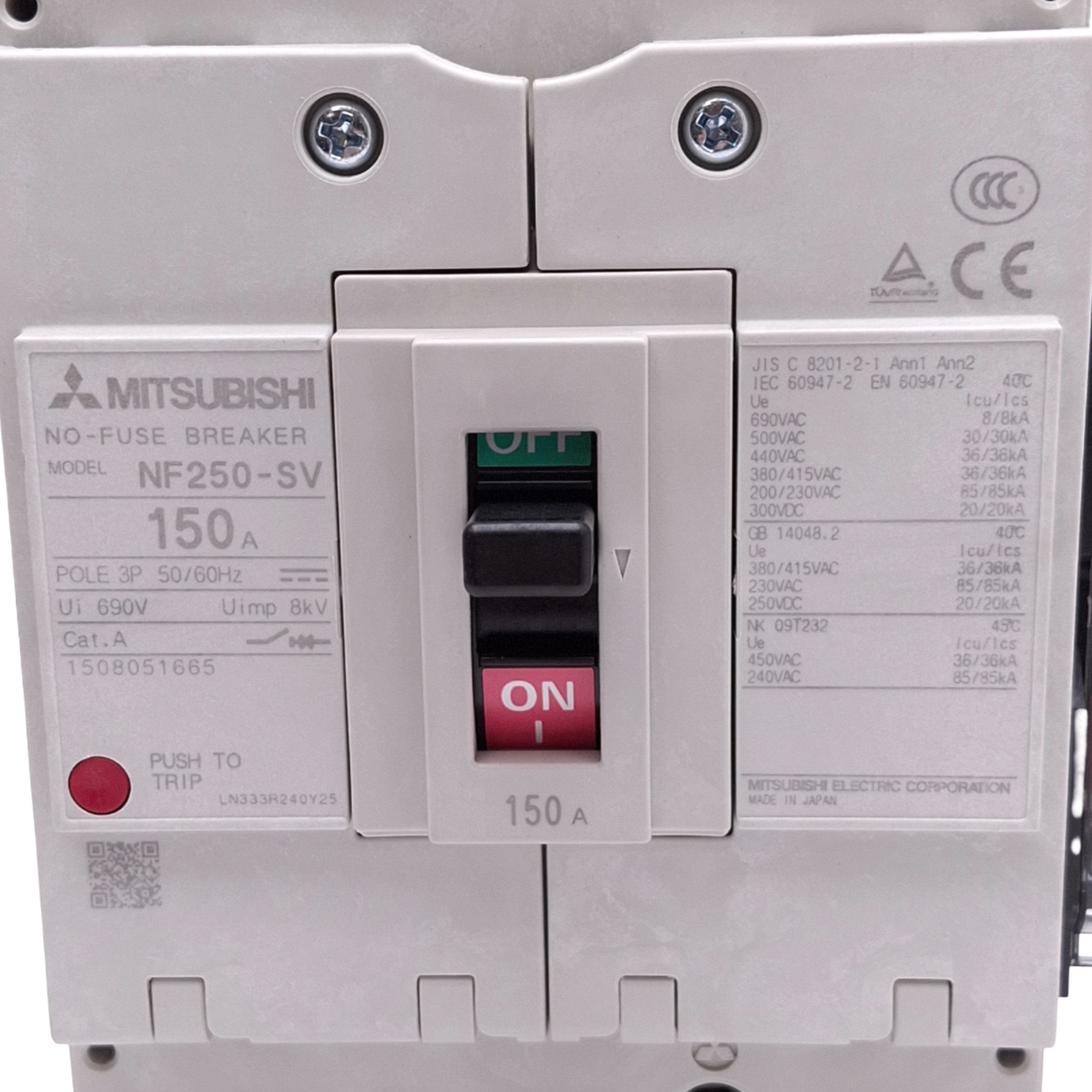 Mitsubishi NF250-SV 3P 150A Circuit Breaker w/ UVT Module, 3-Pole