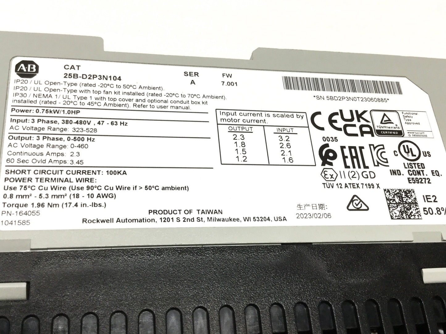 New – Open box Allen Bradley 25B-D2P3N104 PowerFlex 525 Variable Frequency Drive 480VAC 3PH 1HP