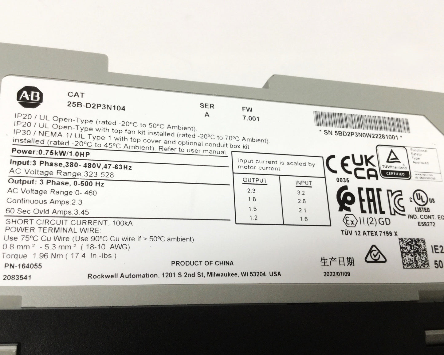 New – Open box Allen Bradley 25B-D2P3N104 PowerFlex 525 Variable Frequency Drive 480VAC 3PH 1HP