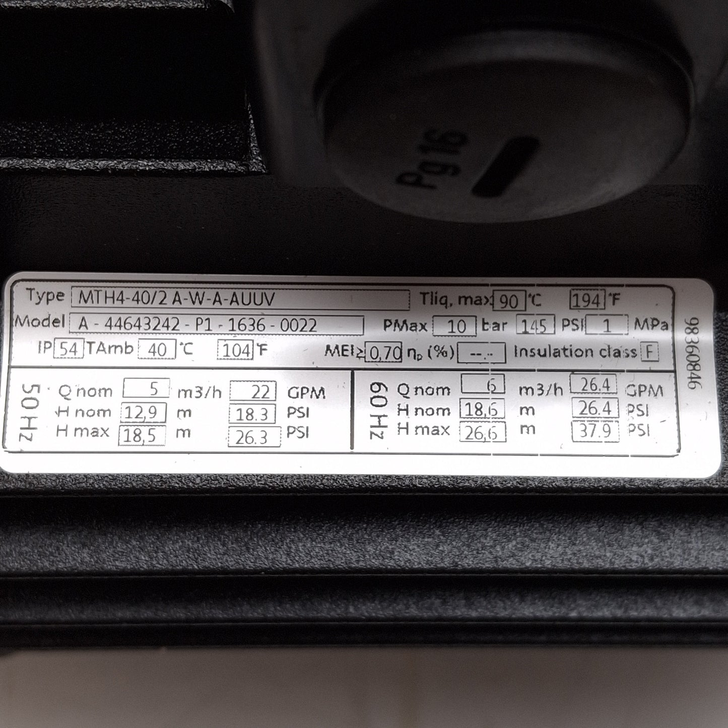 New Grundfos MTH4-40/2 A-W-A-AUUV Vertical Centrifugal Pump, 0.55kW, 26.4GPM, Rp3/4