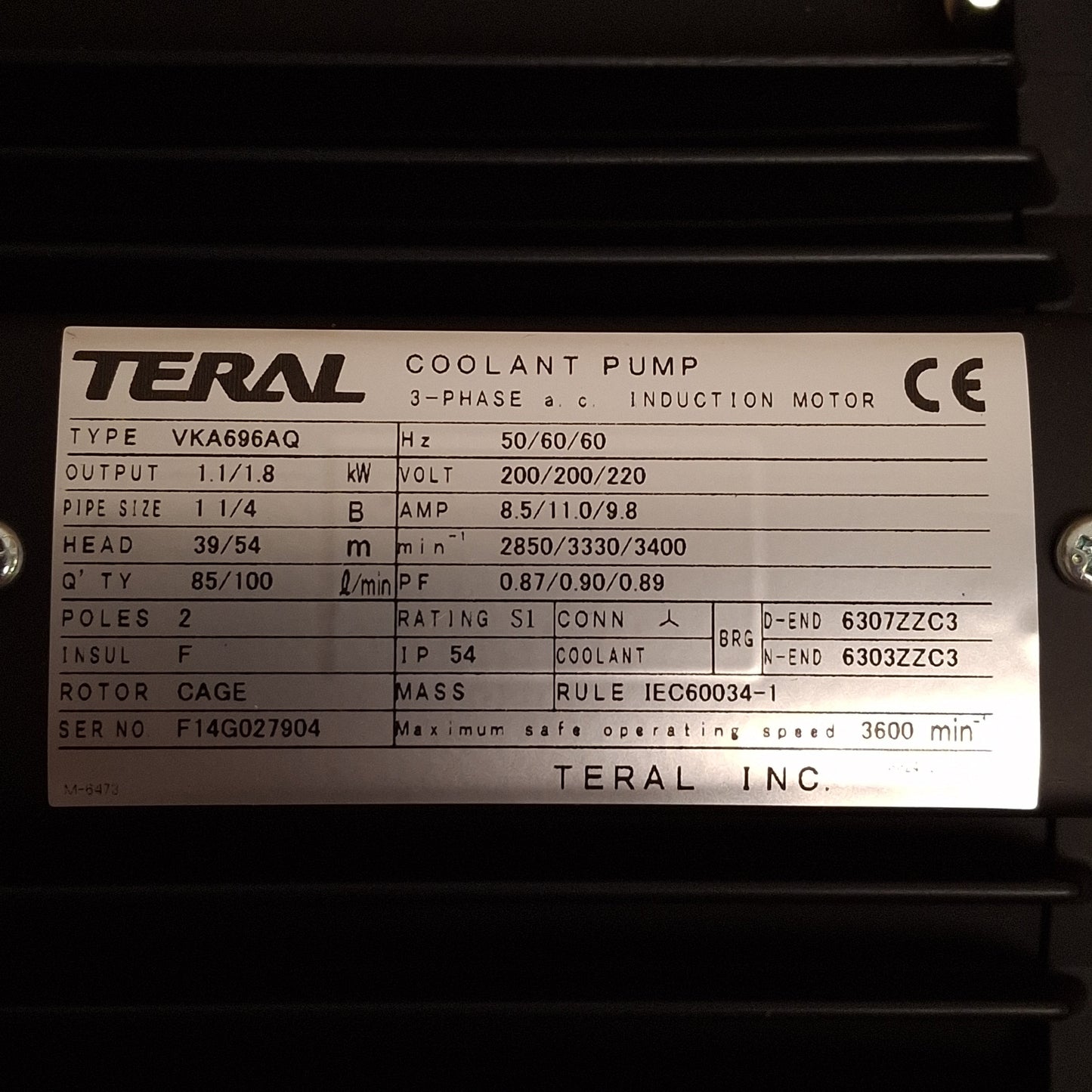 New Teral VKA696AQ Coolant Pump, 1.8kW, 3Ø 200/220VAC, 100L/min, 54m Head, Rp1-1/4