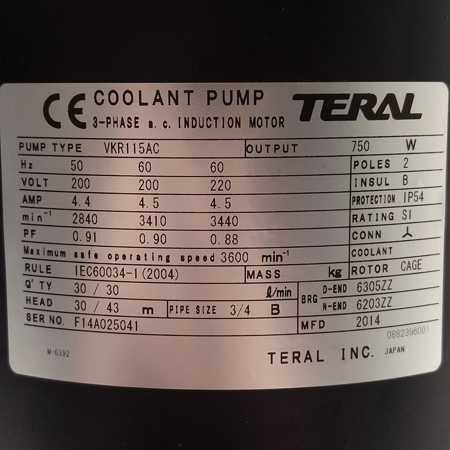 New Teral VKR115AC Coolant Pump, 750W, 3Ø 200/220VAC, 30L/min, 43m Head, Rp3/4