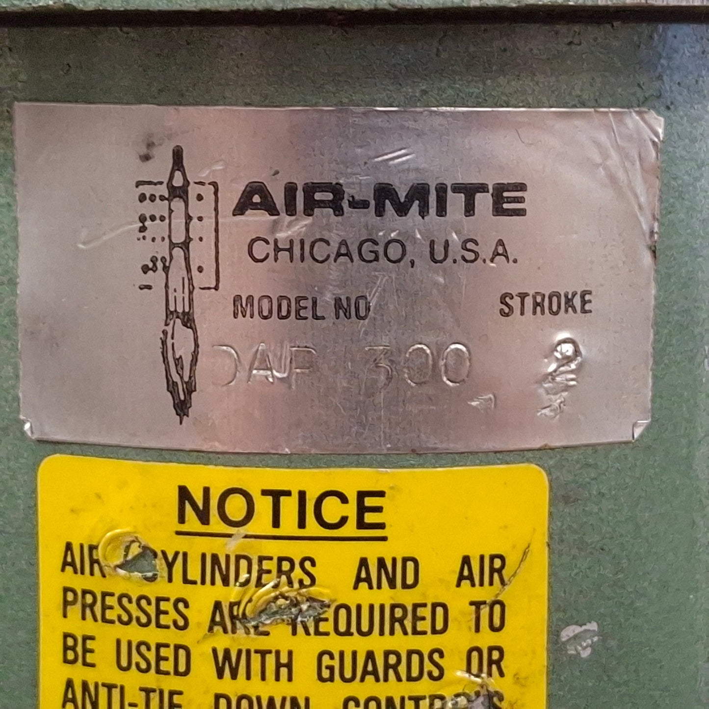 Used Air-Mite DAP300 2 Pneumatic Press, 2in Stroke, 3in Bore, 120psi Max, 1/4in NPT