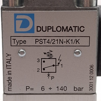 New – Open box Duplomatic PST4/21N-K1/K Pressure Switch, 350bar, 6-140bar Adjustment, 1/4in BSP
