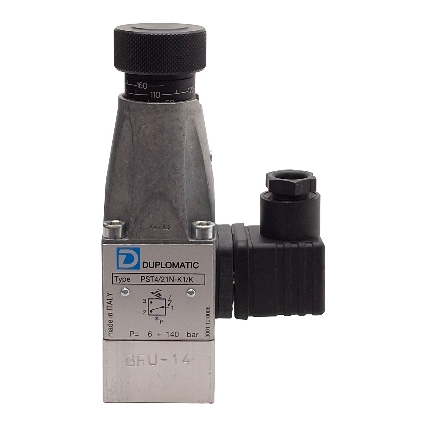 New – Open box Duplomatic PST4/21N-K1/K Pressure Switch, 350bar, 6-140bar Adjustment, 1/4in BSP