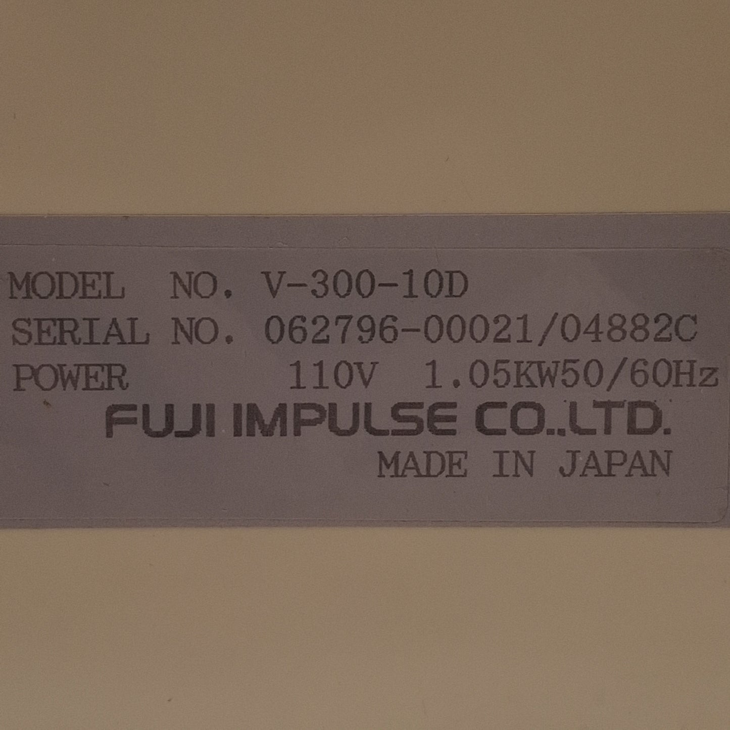 Used Fuji Impulse V-300-10D Impulse Vacuum Sealer, 10mm x 300mm Seal, 1050W, 110VAC