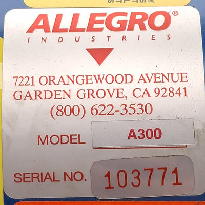 Used Allegro A300 Breathing Air Pump, 0.3µm Filter, 0-5CFM, 2-12psi, 115/230VAC