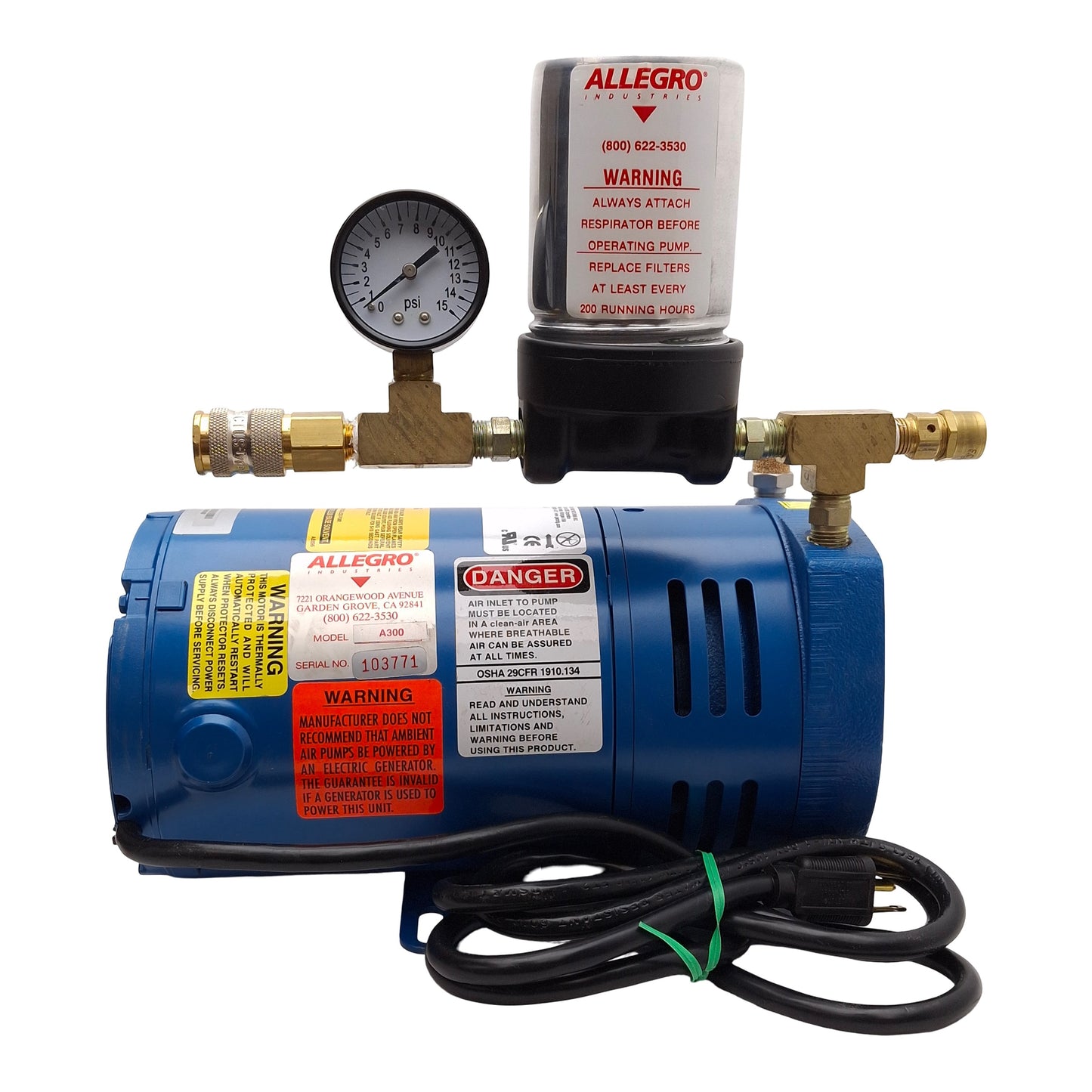 Used Allegro A300 Breathing Air Pump, 0.3µm Filter, 0-5CFM, 2-12psi, 115/230VAC