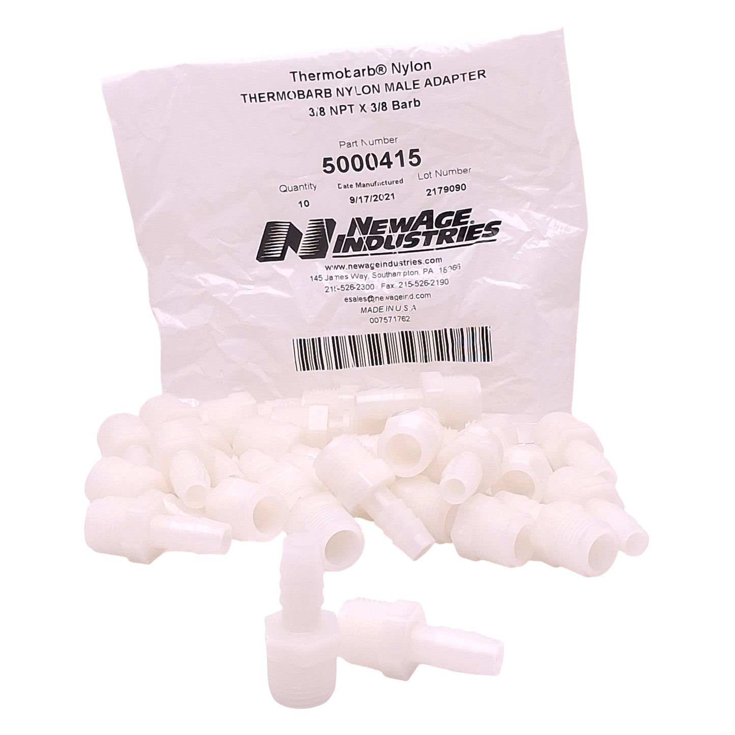 New Lot of 30 NewAge 5000415 Thermobarb Nylon Adapter 3/8" Male NPT x 3/8" Hose Barb