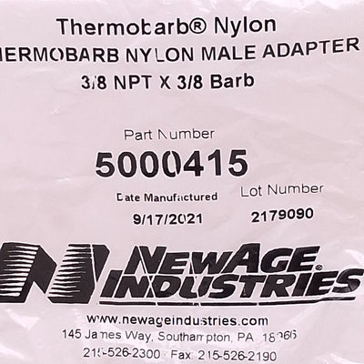 New Lot of 30 NewAge 5000415 Thermobarb Nylon Adapter 3/8" Male NPT x 3/8" Hose Barb
