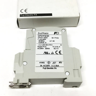 New Fuji CP31FS/3D Circuit Breaker 1-Pole, Long Time Trip w/Inertia Delay 3A, 240VAC