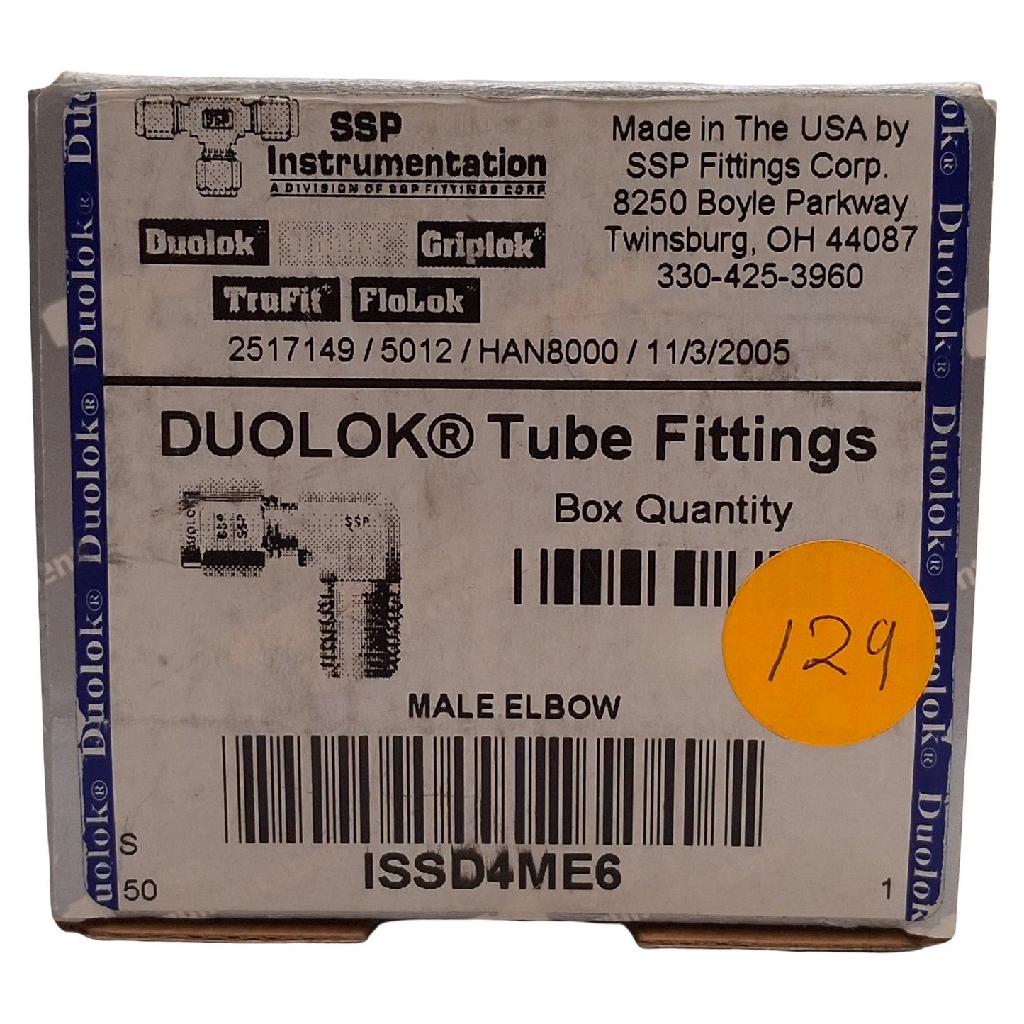 New Lot of 2 SSP ISSD4ME6 Duolok 90° Male Elbow, 316SS, ø1/4in OD Tube, 3/8in NPT