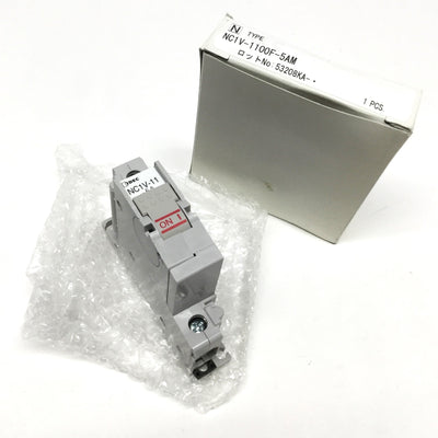 New Idec NC1V-1100F-5AM Circuit Breaker, 1-Pole, Slow Trip Delay 5A 250VAC, DIN Rail