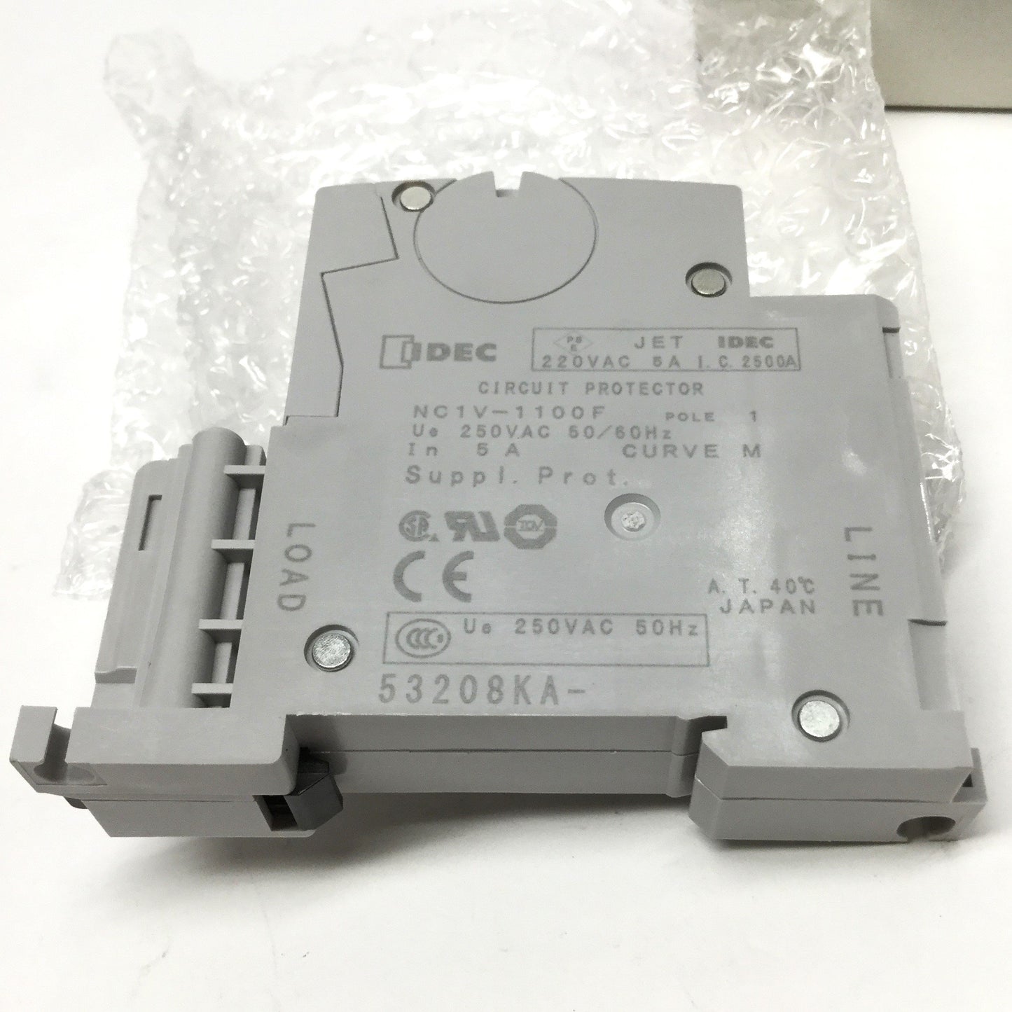 New Idec NC1V-1100F-5AM Circuit Breaker, 1-Pole, Slow Trip Delay 5A 250VAC, DIN Rail