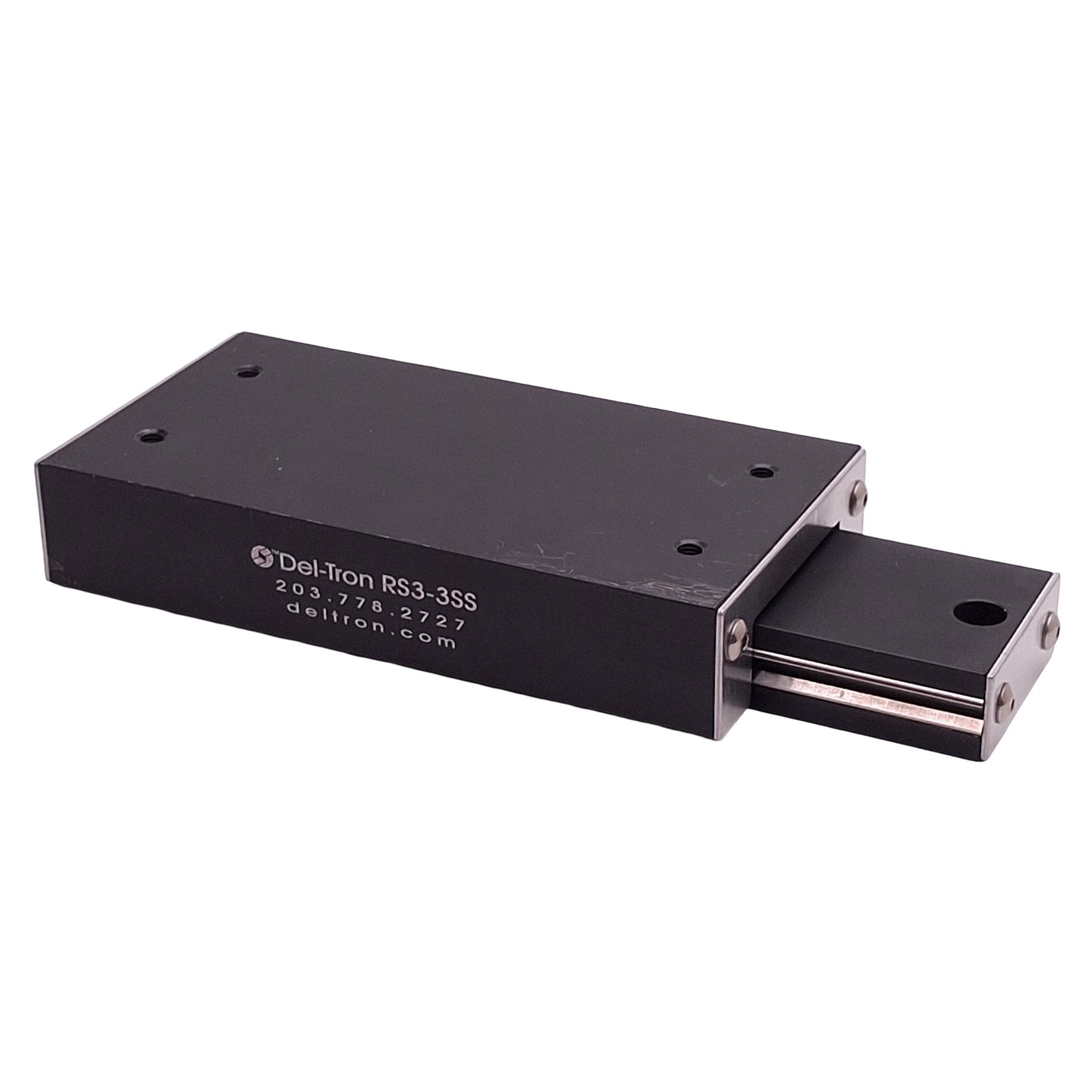 Used Del-Tron RS3-3SS Crossed Roller Slide, 3in Travel, 5in x 2.62in x 1in, 340 lbs
