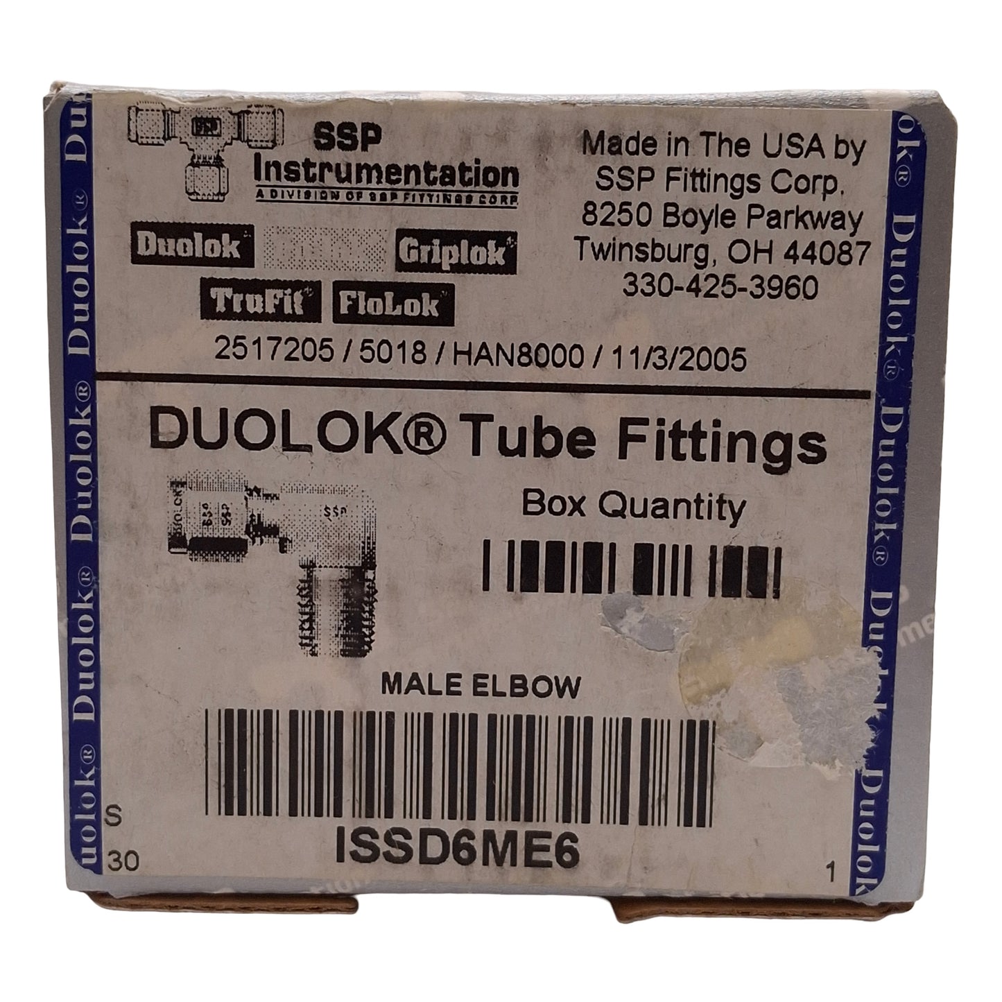 New Lot of 2 SSP ISSD6ME6 Duolok 90° Male Elbow, 316SS, ø3/8in OD Tube, 3/8in NPT