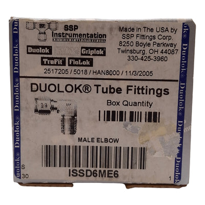 New Lot of 2 SSP ISSD6ME6 Duolok 90° Male Elbow, 316SS, ø3/8in OD Tube, 3/8in NPT