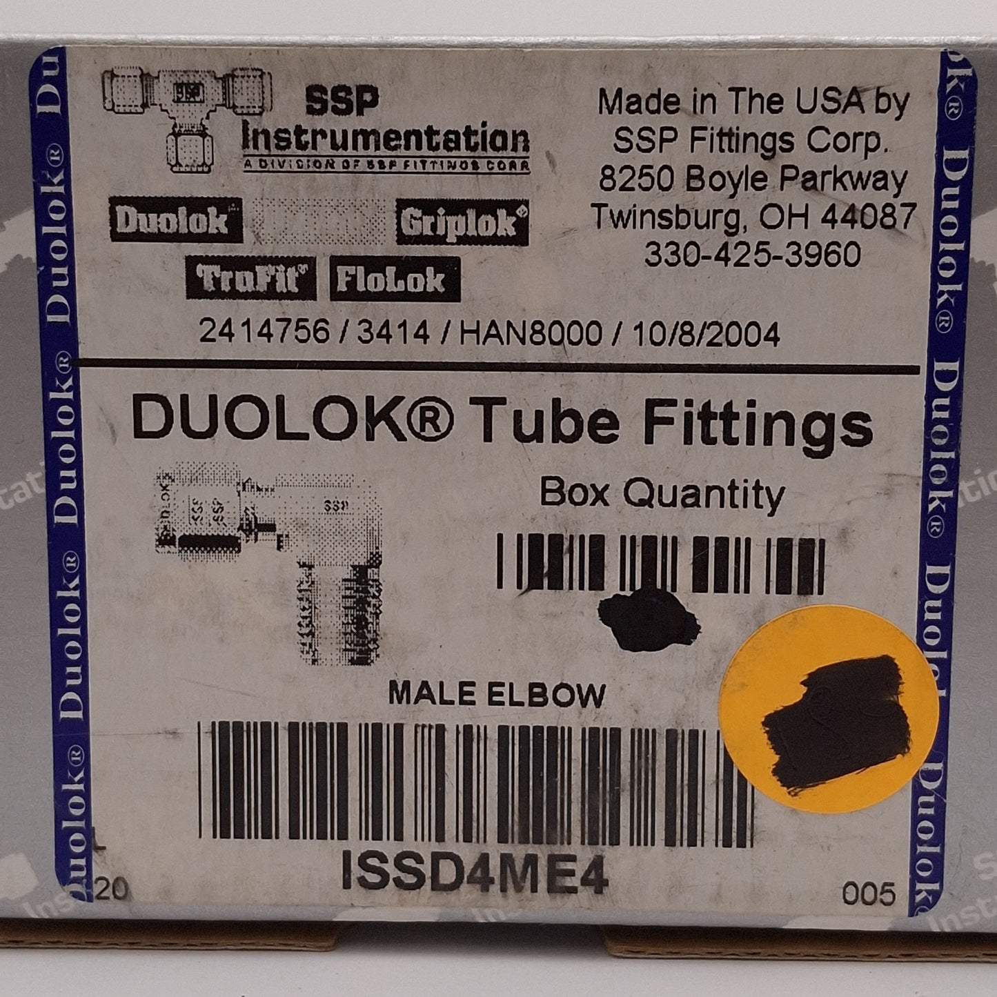 New Lot of 2 SSP ISSD4ME4 Duolok 90° Male Elbow, 316SS, ø1/4in OD Tube, 1/4in NPT