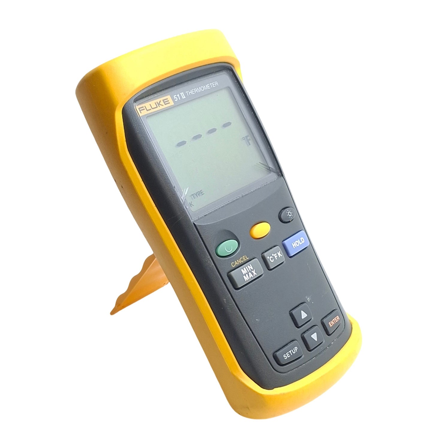 Used Fluke 51 II Handheld Portable Digital Probe Thermometer, K/J/T/E T/Cs, *Crack*