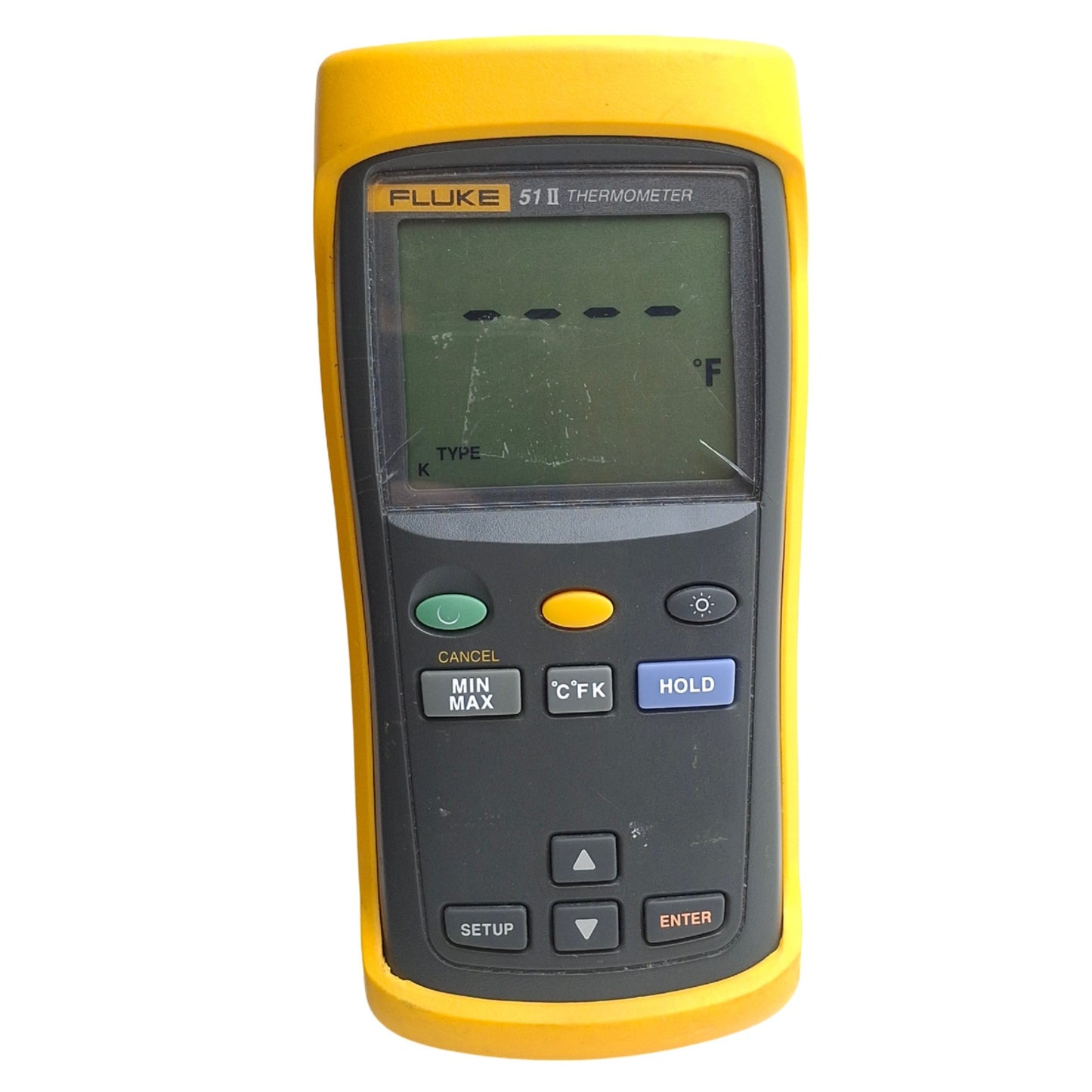 Used Fluke 51 II Handheld Portable Digital Probe Thermometer, K/J/T/E T/Cs, *Crack*